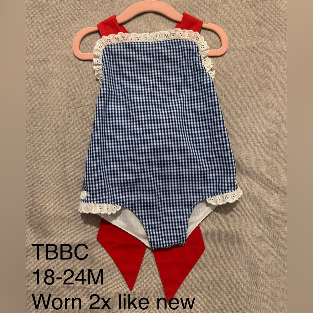 The Beaufort Bonnet Company Blue and Red Gingham Sunsuit w/ Bow
